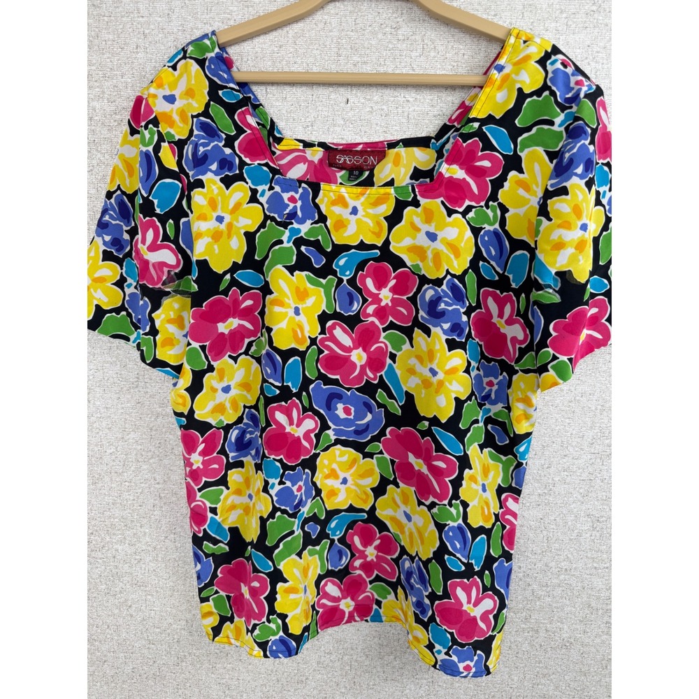 Sasson Vintage 80s Floral Blouse — Size‎ 10 — Black Multi